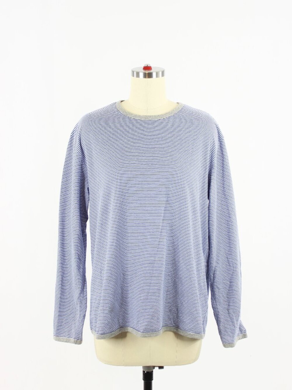 SLEEPY JONES Blue Grey Striped Cotton Jersey Long Sleeve Lounge T-Shirt, Size M